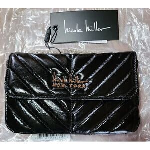 Nicole Miller Nior Black Chevron Crossbody Bag quilted With Gold Chain Strap